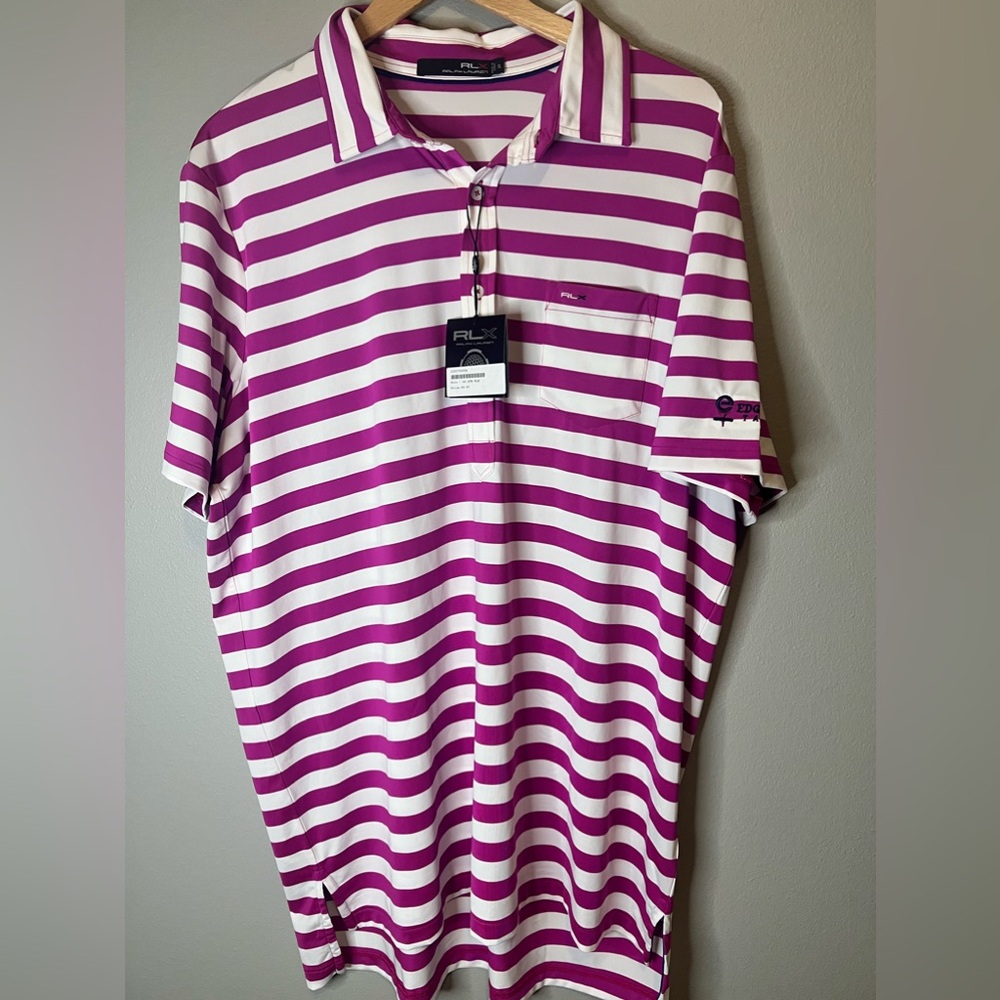 Ralph Lauren RLX 4-Button Collar Fuchsia White Stripe Polo Shirt Men's XL